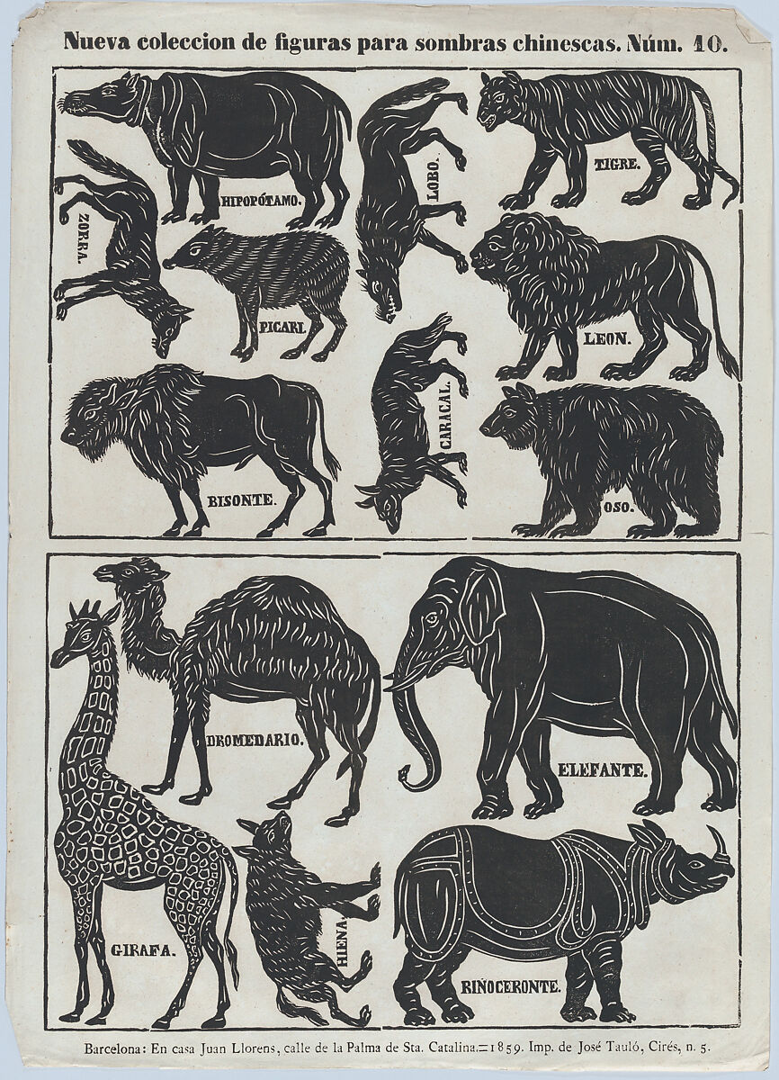 Sheet 10 of figures for Chinese shadow puppets, Juan Llorens (Spanish, active Barcelona, ca. 1855–70), Woodcut (?wood engraving matrix) 