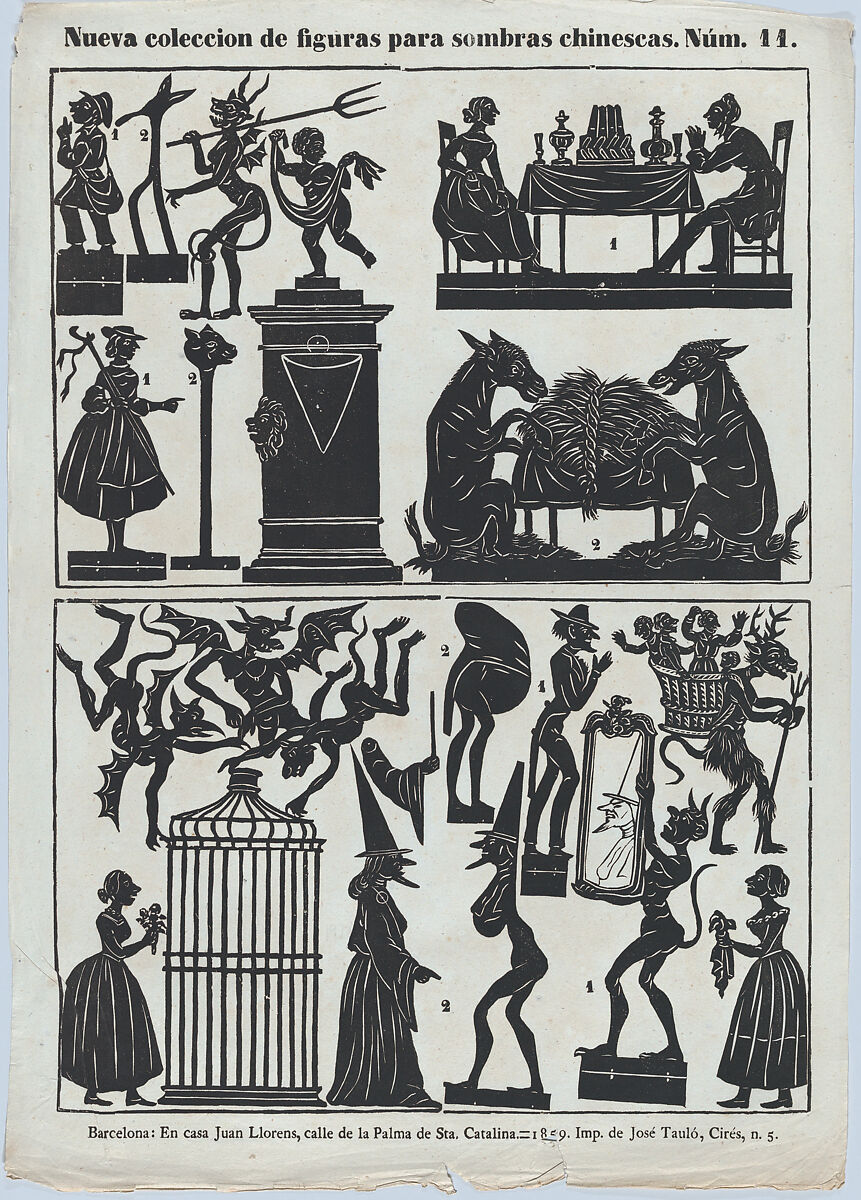 Sheet 11 of figures for Chinese shadow puppets, Juan Llorens (Spanish, active Barcelona, ca. 1855–70), Woodcut (?wood engraving matrix) 