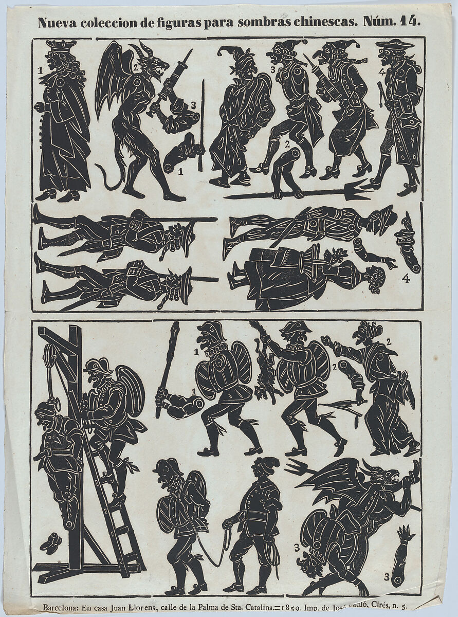 Sheet 14 of figures for Chinese shadow puppets, Juan Llorens (Spanish, active Barcelona, ca. 1855–70), Woodcut (?wood engraving matrix) 