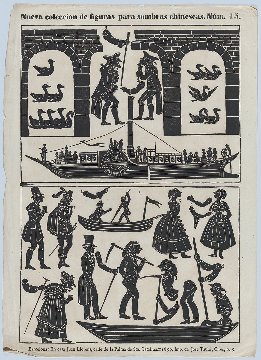 Sheet 15 of figures for Chinese shadow puppets, Juan Llorens (Spanish, active Barcelona, ca. 1855–70), Woodcut (?wood engraving matrix) 