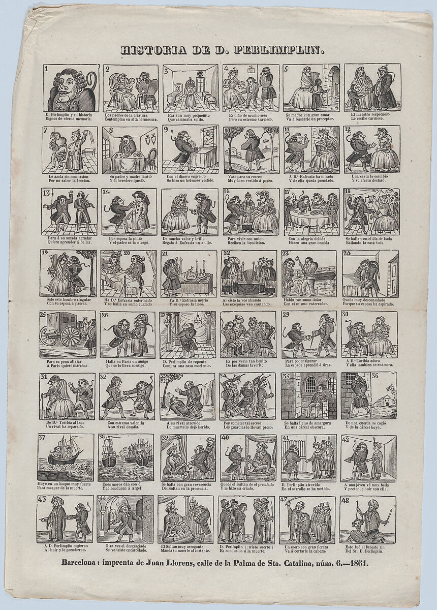 Broadside with 48 scenes relating to the story of Don Perlimplin, Juan Llorens (Spanish, active Barcelona, ca. 1855–70), Wood engraving and letterpress 