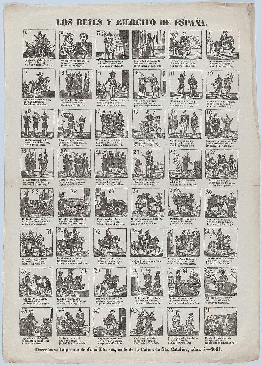 Broadside with 48 scenes relating to the Spanish army, Juan Llorens (Spanish, active Barcelona, ca. 1855–70), Wood engraving and letterpress 