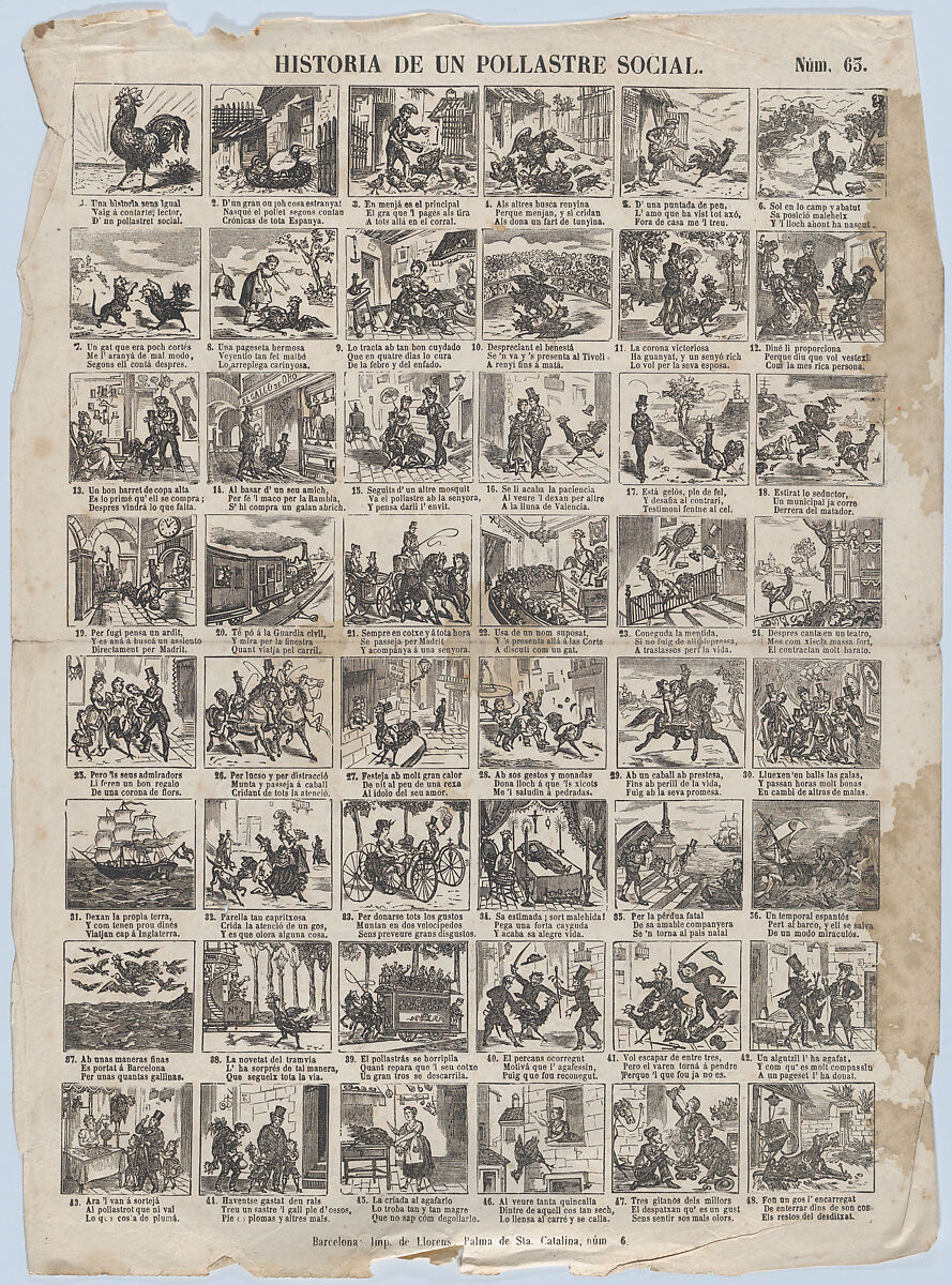 Broadside with 48 scenes telling the story of the chicken (social advancement and decline), Juan Llorens (Spanish, active Barcelona, ca. 1855–70), Wood engraving and letterpress 