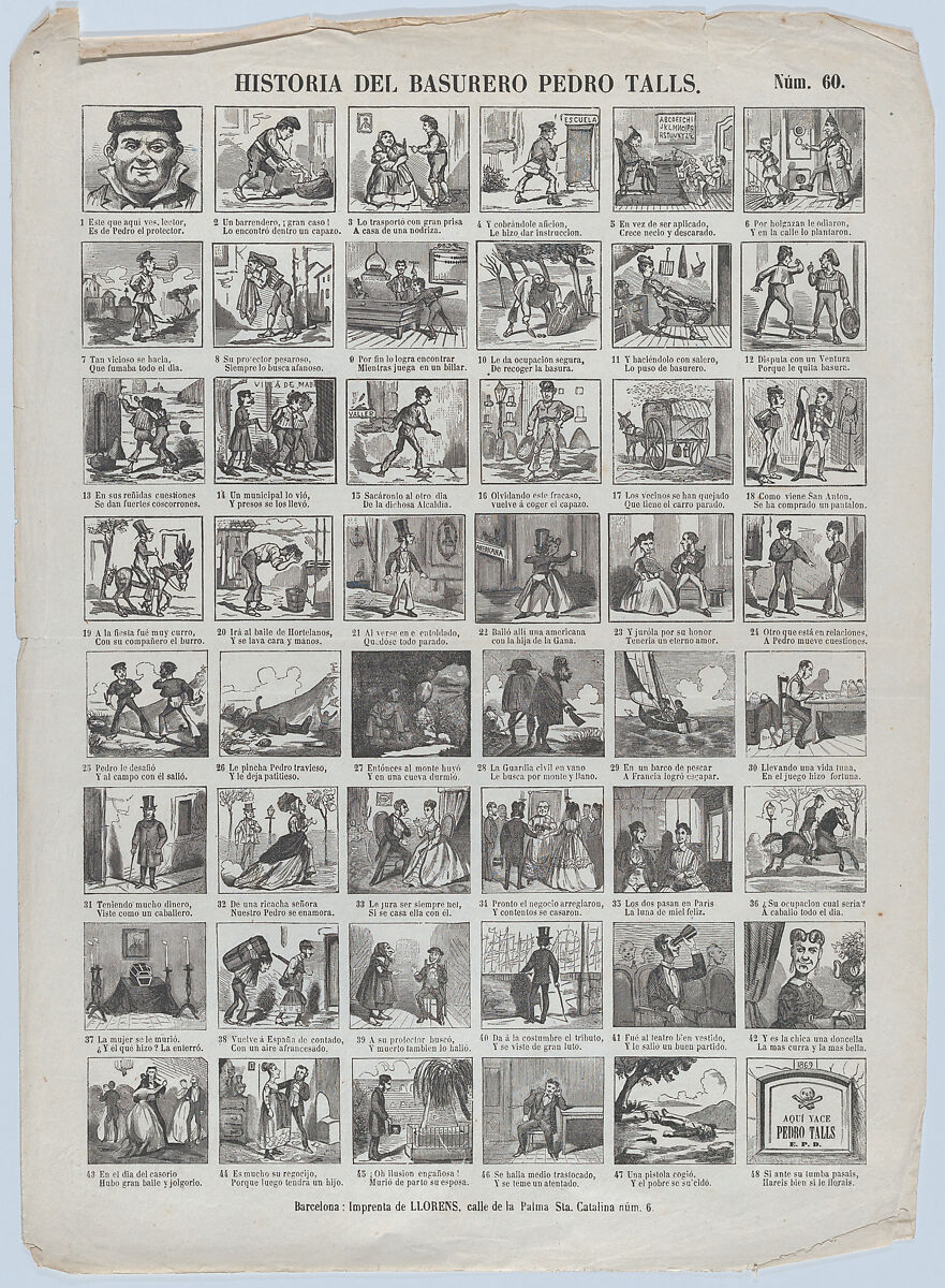 Broadside with 48 scenes relating to the life of the garbage man (trash man) Pedro Talls, Juan Llorens (Spanish, active Barcelona, ca. 1855–70), Wood engraving and letterpress 