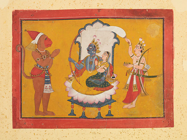 Hanuman Paying Homage to Rama: Folio from a Dasavatara Series, Master at the Court of Mankot (active ca. 1680–1730)  , possibly Meju, Opaque watercolor on paper, India (Mankot, Jammu) 