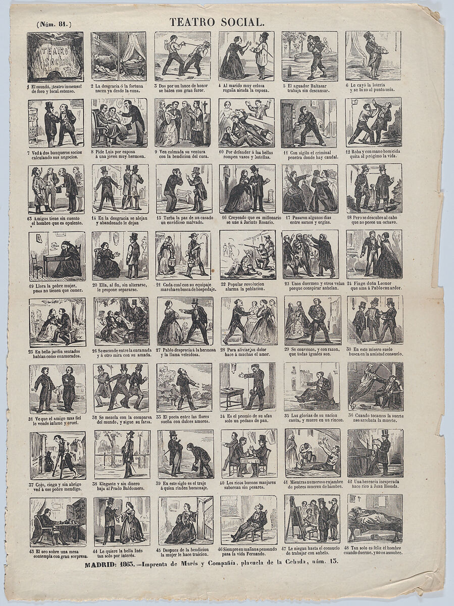 Broadside with 48 scenes depicting moments and conditions relating to the theatre of life, José María Marés (Spanish, active ca. 1850–70), Wood engraving 