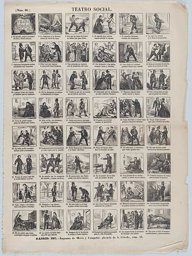 Broadside with 48 scenes depicting moments and conditions relating to the theatre of life