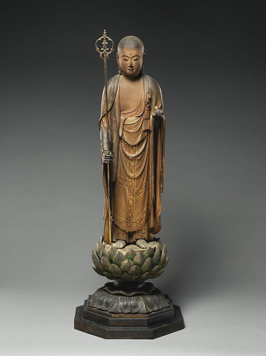 The Bodhisattva Jizō, Intan (Japanese, active 13th century), Japanese cypress wood (hinoki) with polychrome pigments, gold paint (kindei), cut-gold leaf (kirikane), and rock crystal eyes , Japan 