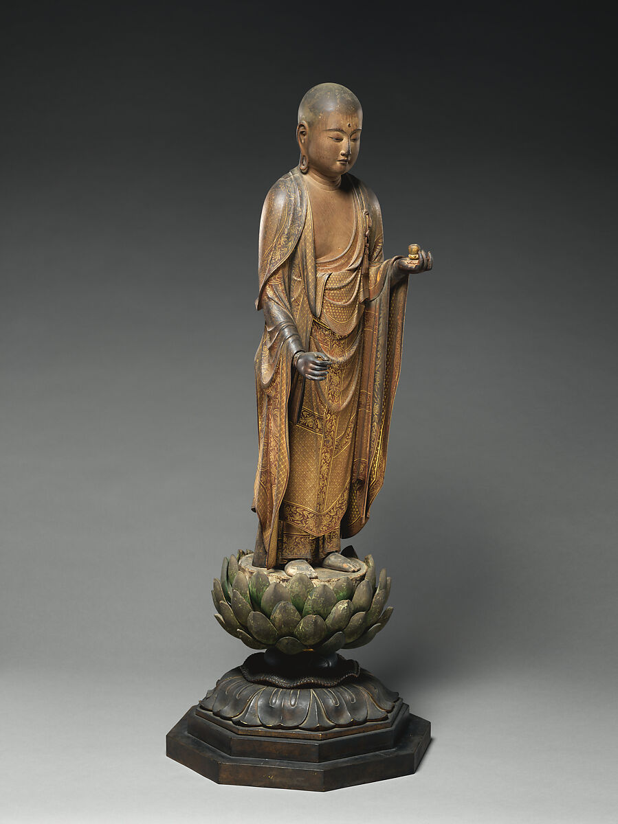 The Bodhisattva Jizō, Intan (Japanese, active 13th century), Japanese cypress wood (hinoki) with polychrome pigments, gold paint (kindei), cut gold leaf (kirikane), and rock-crystal eyes, Japan