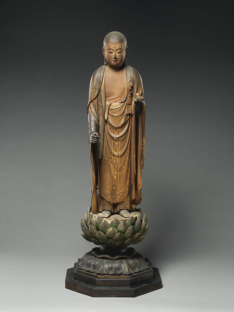 The Bodhisattva Jizō, Intan (Japanese, active 13th century), Japanese cypress wood (hinoki) with polychrome pigments, gold paint (kindei), cut gold leaf (kirikane), and rock-crystal eyes, Japan