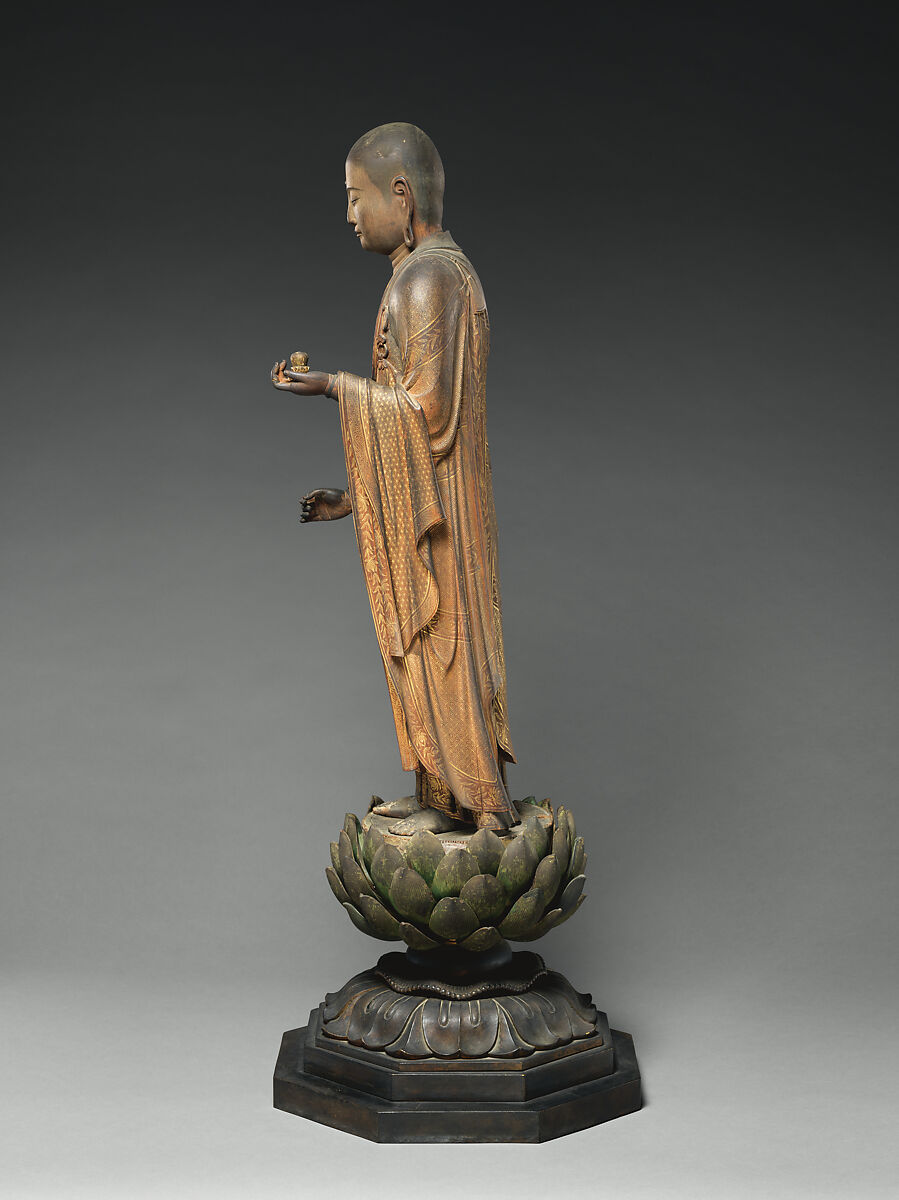 The Bodhisattva Jizō, Intan (Japanese, active 13th century), Japanese cypress wood (hinoki) with polychrome pigments, gold paint (kindei), cut gold leaf (kirikane), and rock-crystal eyes, Japan