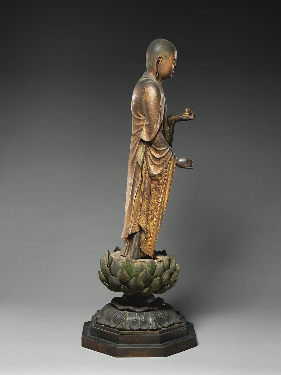 The Bodhisattva Jizō, Intan (Japanese, active 13th century), Japanese cypress wood (hinoki) with polychrome pigments, gold paint (kindei), cut gold leaf (kirikane), and rock-crystal eyes, Japan