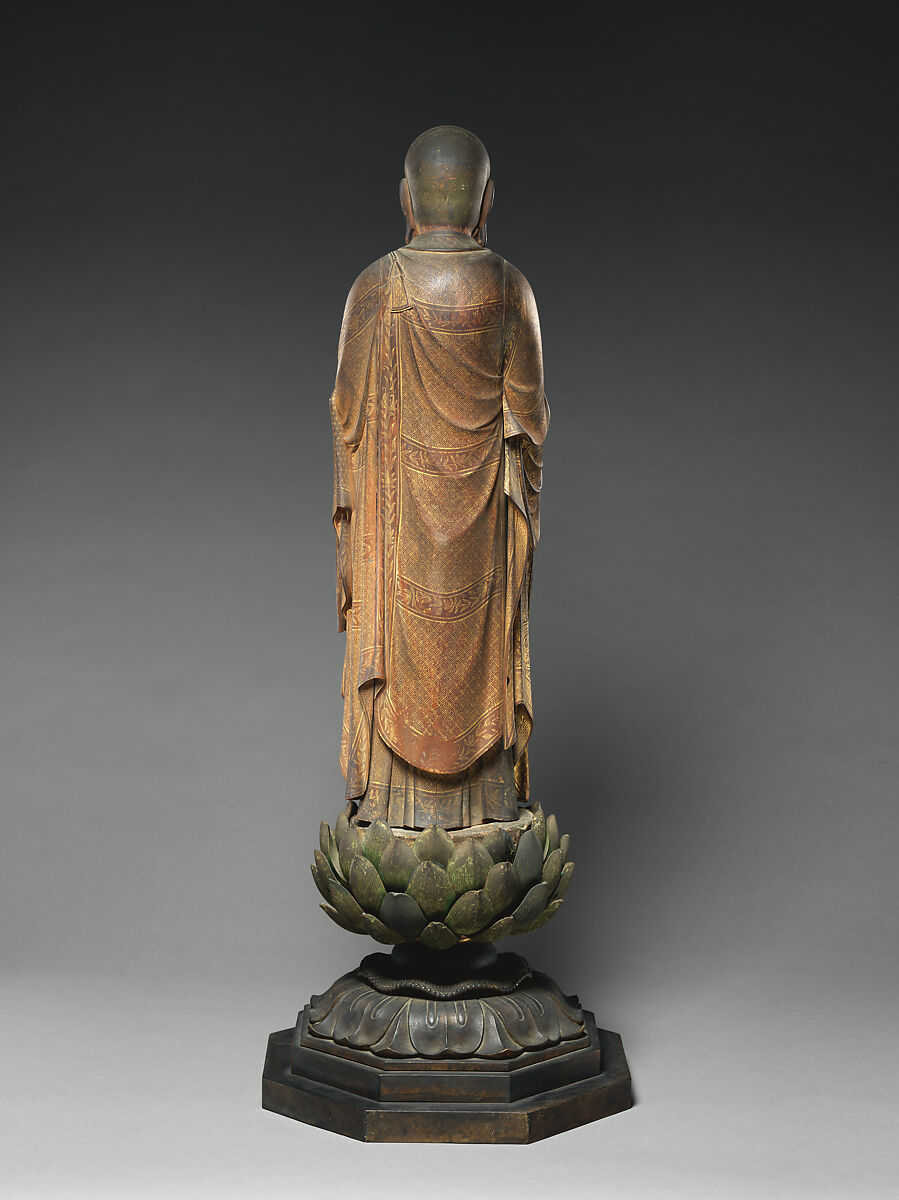 The Bodhisattva Jizō, Intan (Japanese, active 13th century), Japanese cypress wood (hinoki) with polychrome pigments, gold paint (kindei), cut gold leaf (kirikane), and rock-crystal eyes, Japan