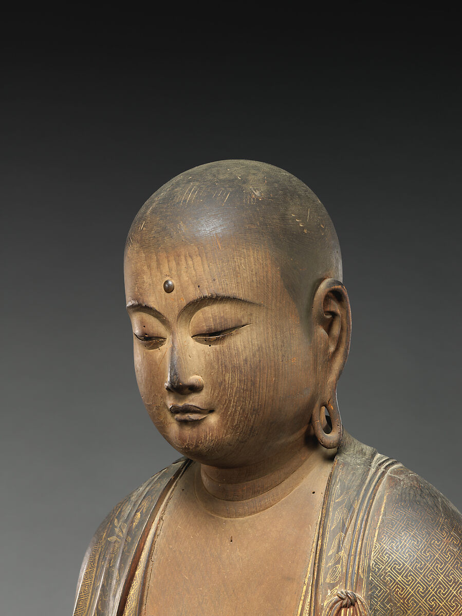 The Bodhisattva Jizō, Intan (Japanese, active 13th century), Japanese cypress wood (hinoki) with polychrome pigments, gold paint (kindei), cut gold leaf (kirikane), and rock-crystal eyes, Japan