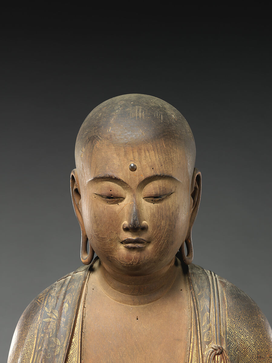 The Bodhisattva Jizō, Intan (Japanese, active 13th century), Japanese cypress wood (hinoki) with polychrome pigments, gold paint (kindei), cut gold leaf (kirikane), and rock-crystal eyes, Japan