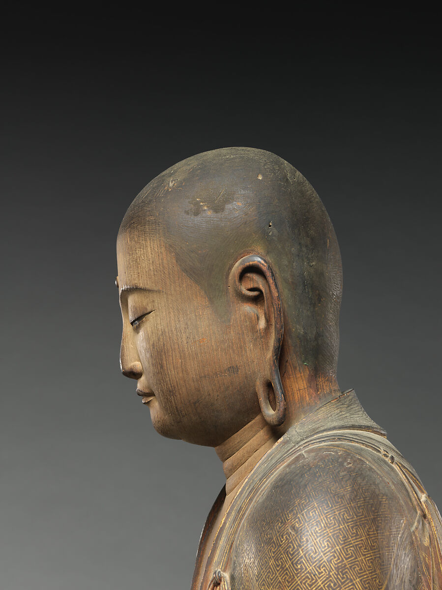 The Bodhisattva Jizō, Intan (Japanese, active 13th century), Japanese cypress wood (hinoki) with polychrome pigments, gold paint (kindei), cut gold leaf (kirikane), and rock-crystal eyes, Japan