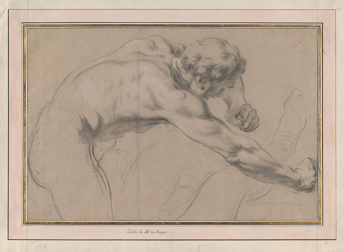 Male Nude, Study for Samson and Delilah, Jacques Francois Amand (French, 1730–1769), Black and white chalk on brown paper 
