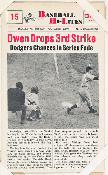 Mickey Owen #15 from Nu-Card Baseball Hi-Lites series (W460), Nu-Card, Inc., Commercial photolithograph 