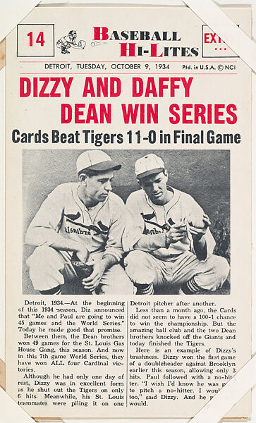 Dizzy and Daffy Dean #14 from Nu-Card Baseball Hi-Lites series (W460), Nu-Card, Inc., Commercial photolithograph 