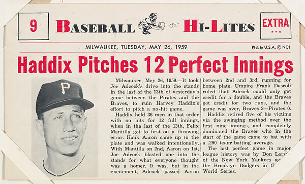 Harvey Haddix #9 from Nu-Card Baseball Hi-Lites series (W460), Nu-Card, Inc., Commercial photolithograph 