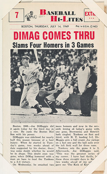 Joe DiMaggio #7 from Nu-Card Baseball Hi-Lites series (W460), Nu-Card, Inc., Commercial photolithograph 