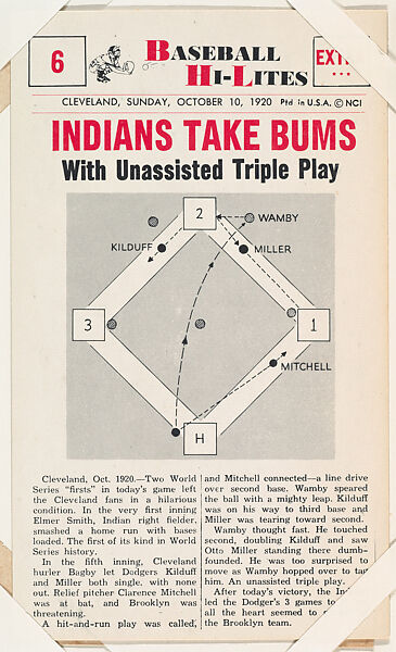 Indians Take Bums #6 from Nu-Card Baseball Hi-Lites series (W460), Nu-Card, Inc., Commercial photolithograph 