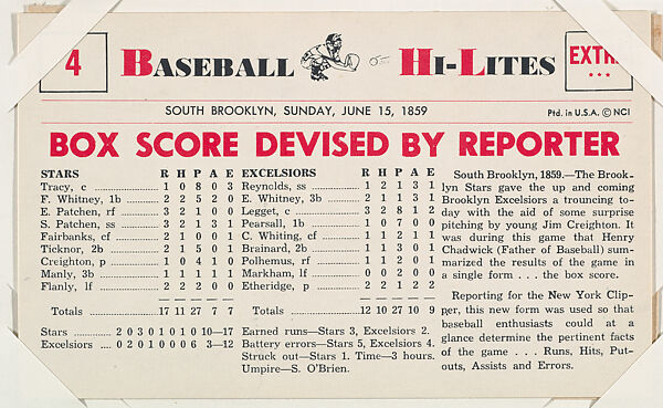 Box Score Devised by Reporter #4 from Nu-Card Baseball Hi-Lites series (W460), Nu-Card, Inc., Commercial photolithograph 