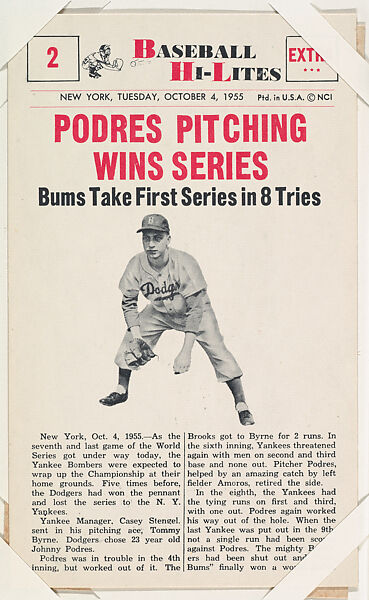 Johnny Podres #2 from Nu-Card Baseball Hi-Lites series (W460), Nu-Card, Inc., Commercial photolithograph 
