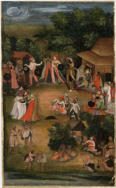 A Troupe of Travelling Actors Performing a Drama, Attributed to Mir Kalan Khan (active ca. 1730–75), Opaque watercolor, silver and gold on paper, India (Mughal court at Oudh [Lucknow or Faizabad]) 