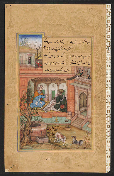 The Sufi Abu'l Abbas Rebukes the Vain Dervish: Page from a Baharistan of Jami Manuscript, Basawan (Indian, active ca. 1556–1600), Opaque watercolor and ink on paper, India (Mughal court at Lahore) 