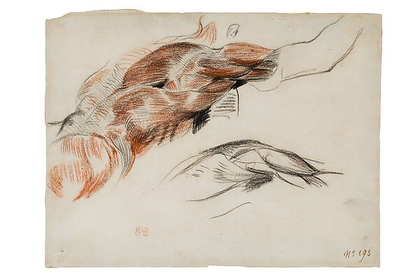 Ecorché, Eugène Delacroix (French, Charenton-Saint-Maurice 1798–1863 Paris), Red and black fabricated chalks 