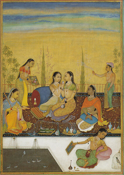 Ladies of the Zenana on a Roof Terrace, Ruknuddin (active late 17th century), Opaque watercolor, ink and gold on paper, India (Bikaner, Rajasthan) 