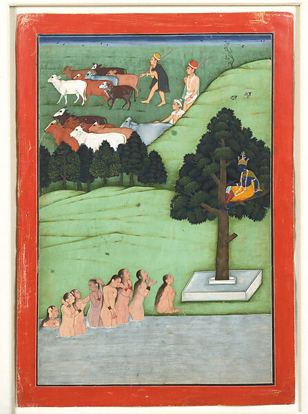 The Gopis Pleading with Krishna to Return Their Clothes: Folio from a Bhagavata Purana Series, Attributed to Early Master at the Mandi Court, Opaque watercolor on paper, India (Mandi, Himachal Pradesh) 