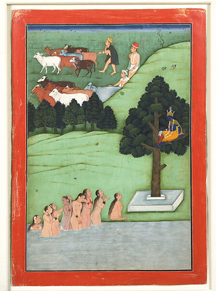 The Gopis Pleading with Krishna to Return Their Clothes: Folio from a Bhagavata Purana Series, Attributed to Early Master at the Mandi Court, Opaque watercolor on paper, India (Mandi, Himachal Pradesh) 
