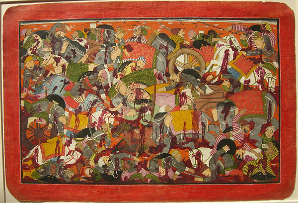 Battle of the Kauravas and Srinjayas: Folio from a Bhagavata Purana Series, Attributed to Manaku (Indian, active ca. 1725–60), Opaque watercolor on paper, India (Guler, Himachal Pradesh) 