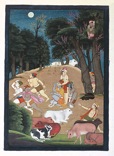 Krishna Playing Blindman's Bluff, Manaku (Indian, active ca. 1725–60), Opaque watercolor, ink and gold on paper, India (Guler, Himachal Pradesh) 