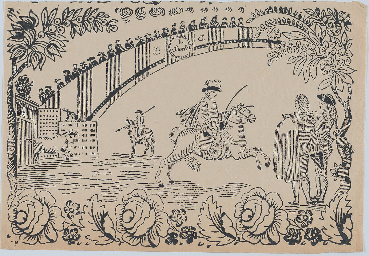 Suerte I: Bull entering the bullring after a law officer on horseback; two toreros standing to right, Anonymous, Spanish, 19th century, Woodcut 