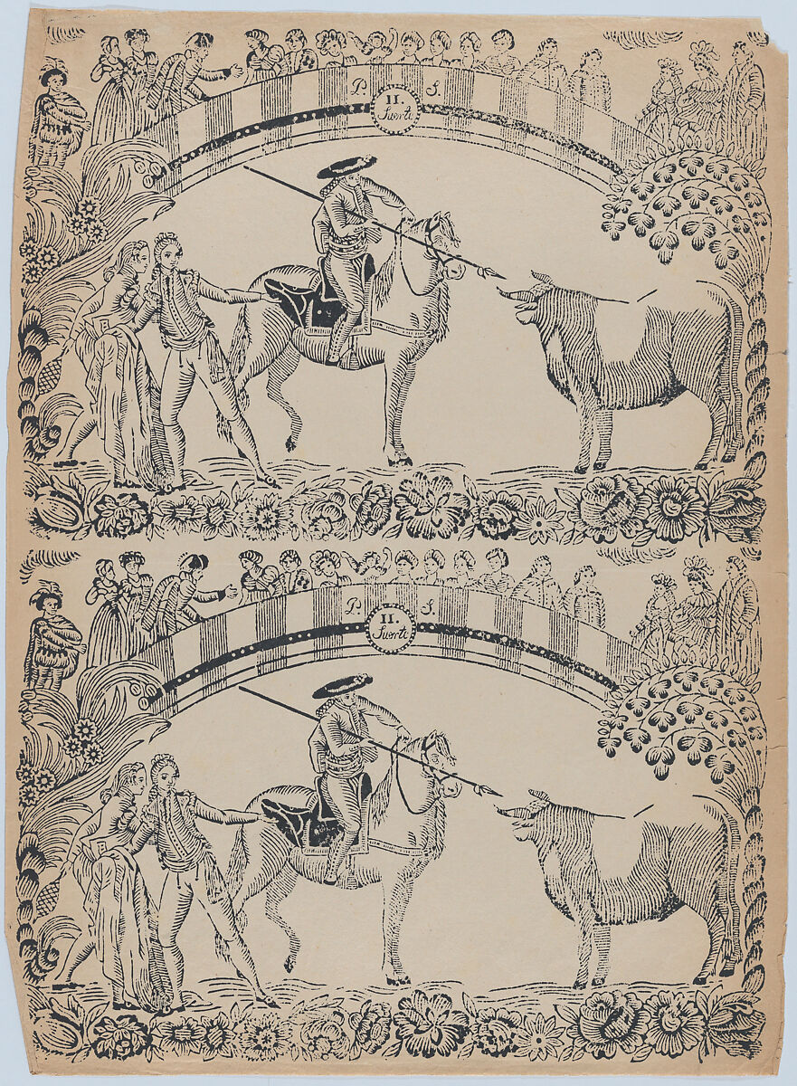 Suerte II: Picador on horseback about to stab a bull with a pique; two toreros behind him to left (two impressions on the same sheet), Anonymous, Spanish, 19th century, Woodcut 