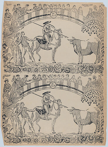 Suerte II: Picador on horseback about to stab a bull with a pique; two toreros behind him to left (two impressions on the same sheet)