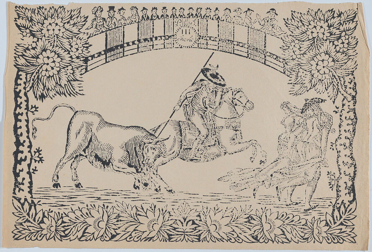 Suerte III: Picador stabbing a bull; two toreros running to right, Anonymous, Spanish, 19th century, Woodcut 