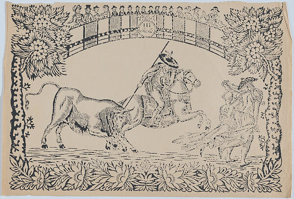 Suerte III: Picador stabbing a bull; two toreros running to right