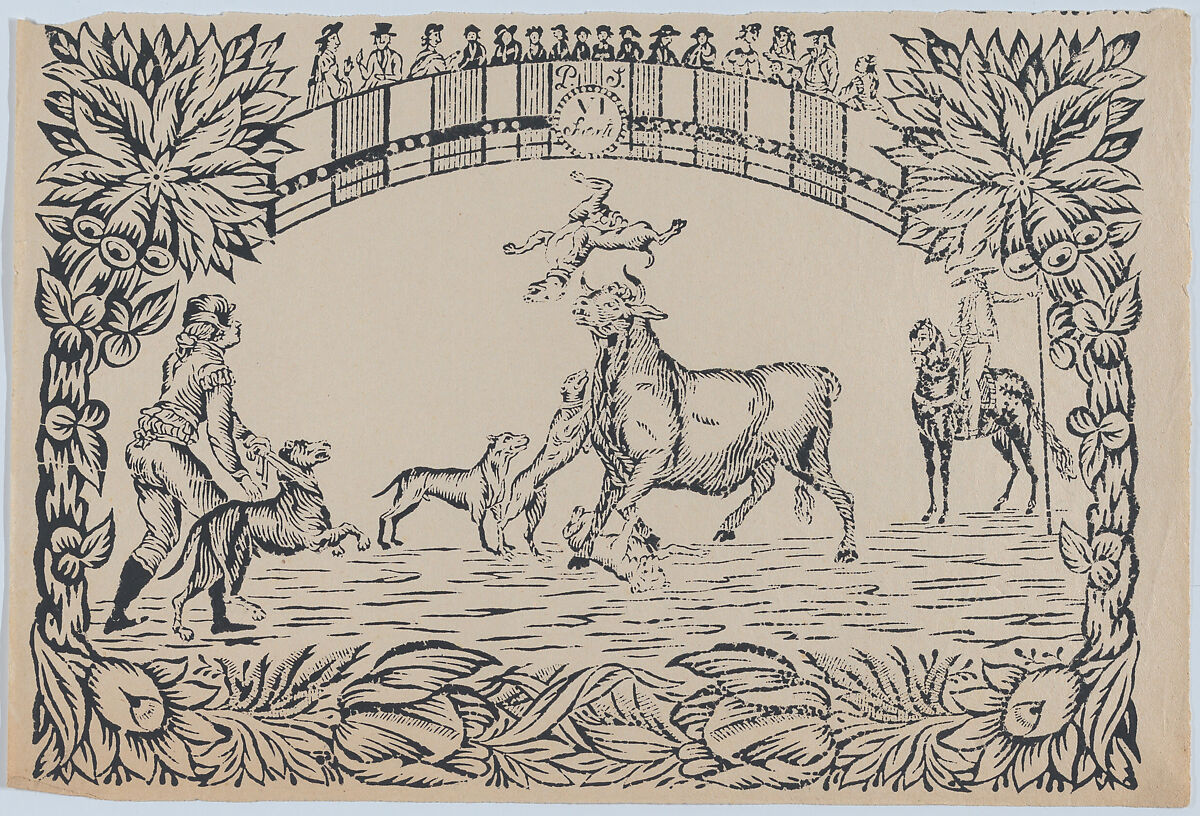 Suerte VI: The torero's assistant sets dogs on the bull, Anonymous, Spanish, 19th century, Woodcut 