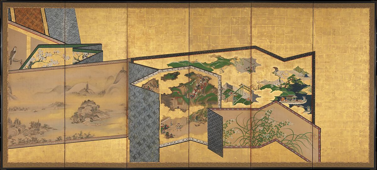 Screens within Screens, Pair of six-panel folding screens; ink, color, and gold on gilt paper, Japan