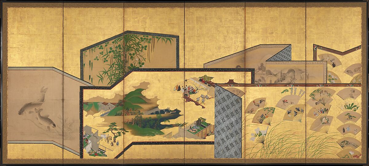 Screens within Screens, Pair of six-panel folding screens; ink, color, and gold on gilt paper, Japan