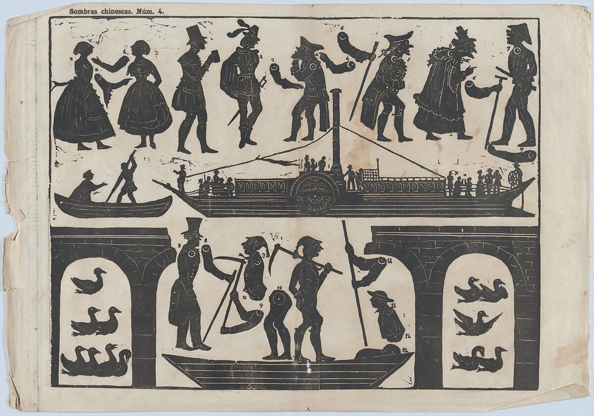 Sheet 4 of figures for Chinese shadow puppets, Possibly Juan Llorens (Spanish, active Barcelona, ca. 1855–70), Woodcut 