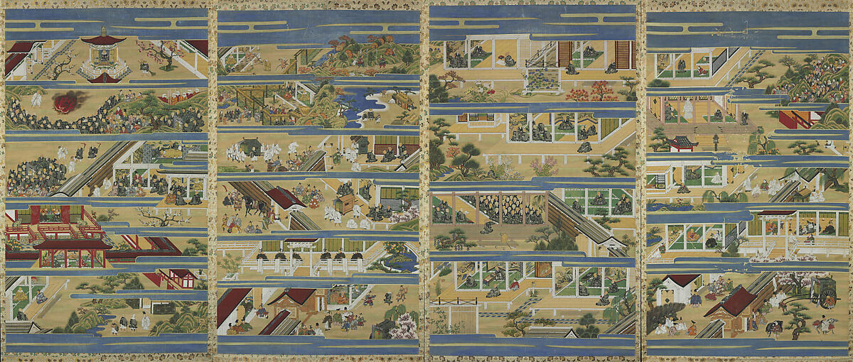 The Illustrated Life of Shinran (Shinran shōnin eden), Unidentified artist, Set of four hanging scrolls; ink, color, and gold on silk, Japan