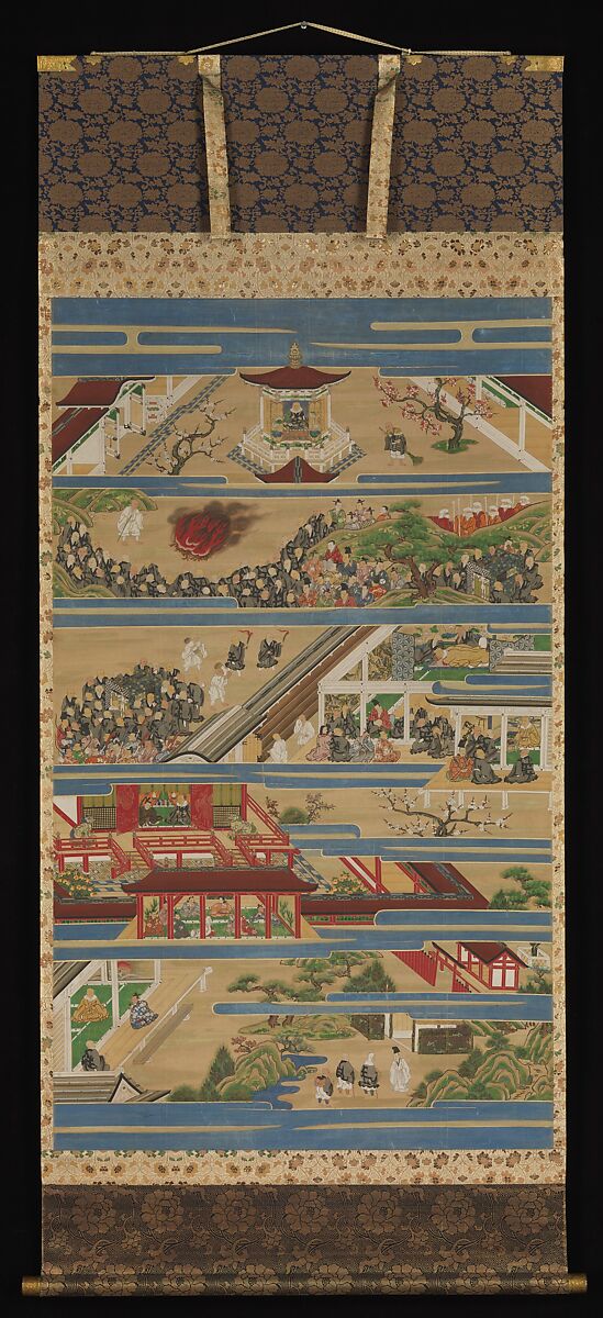 The Illustrated Life of Shinran (Shinran shōnin eden), Unidentified artist, Set of four hanging scrolls; ink, color, and gold on silk, Japan