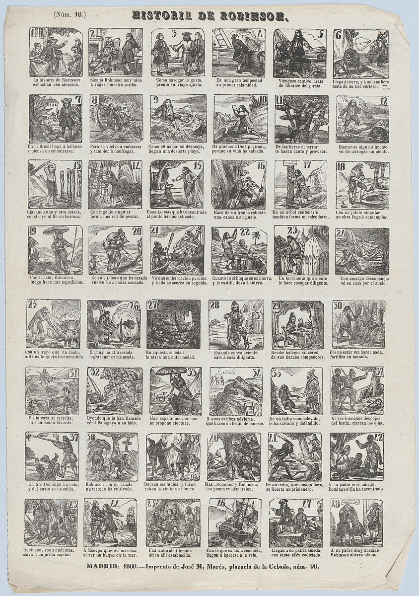 Broadside with 48 scenes showing the life of Robinson Caruso, José María Marés (Spanish, active ca. 1850–70), Wood engraving 