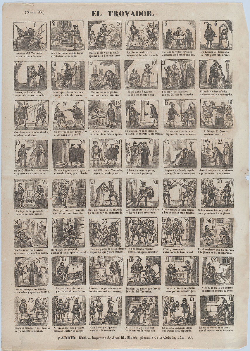 Broadside with 48 scenes relating to the life of a troubadour, José María Marés (Spanish, active ca. 1850–70), Wood engraving 