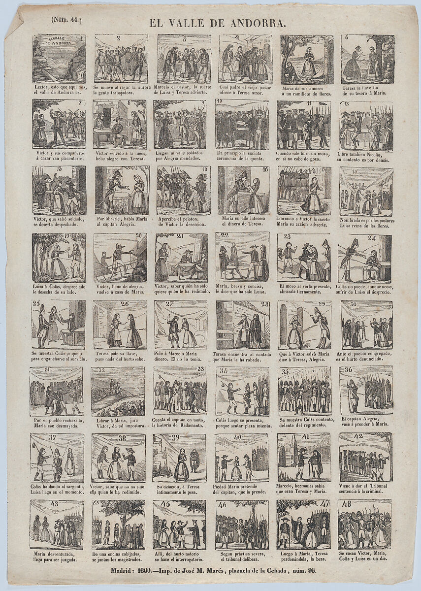 Broadside with 48 scenes from the zarzuela in three acts, 'The Valley of  Andorra', José María Marés (Spanish, active ca. 1850–70), Wood engraving 